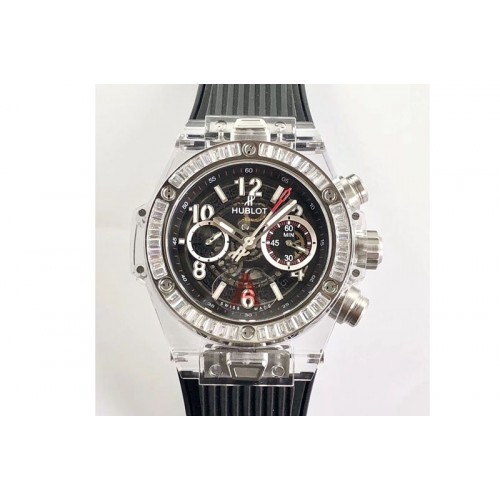 Hublot Big Bang Unico Magic Sapphire 45mm OXF Best Edition Skeleton Dial Diamonds Bezel on Black Rubber Strap A1242