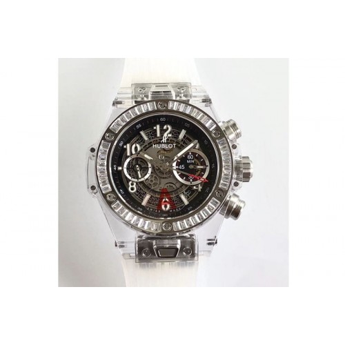 Hublot Big Bang Unico Magic Sapphire 45mm OXF Best Edition Skeleton Dial Diamonds Bezel on Transparent Rubber Strap A1242