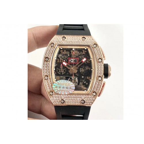 Richard Mille RM011 RG Chronograph Diamonds Bezel KVF 1:1 Best Edition Crystal Skeleton Dial on Black Rubber Strap A7750