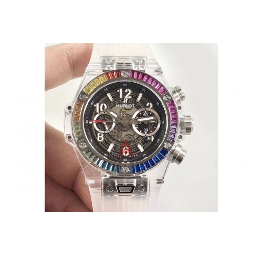 Hublot Big Bang Unico Magic Sapphire 45mm OXF Best Edition Rainbow Crystal Bezel Black Dial on White Rubber Strap A1242