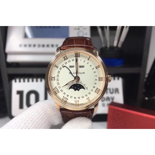 Blancpain Villeret 6654 RG Complicated Function OMF 1:1 Best Edition White Dial on Brown Leather Strap A6654 V2