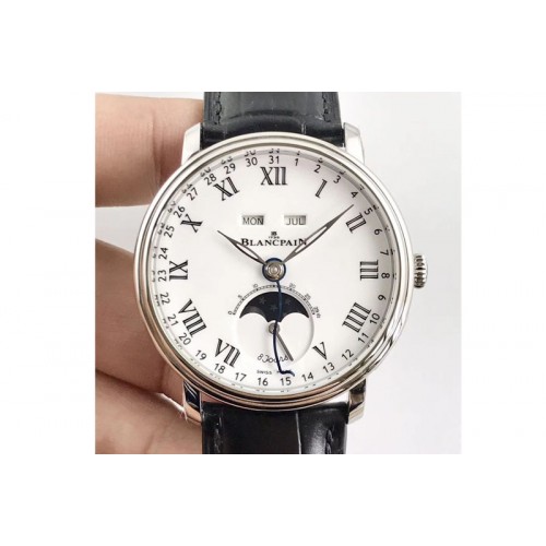 Blancpain Villeret Quanti�me Complet 8 Jours SS Complicated Function OMF 1:1 Best Edition White Dial on Black Leather Strap A663