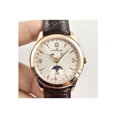 Jaeger-LeCoultre Master Calendar Moonphase RG OMF 1:1 Best Edition Silver Dial on Brown Leather Strap A866/1
