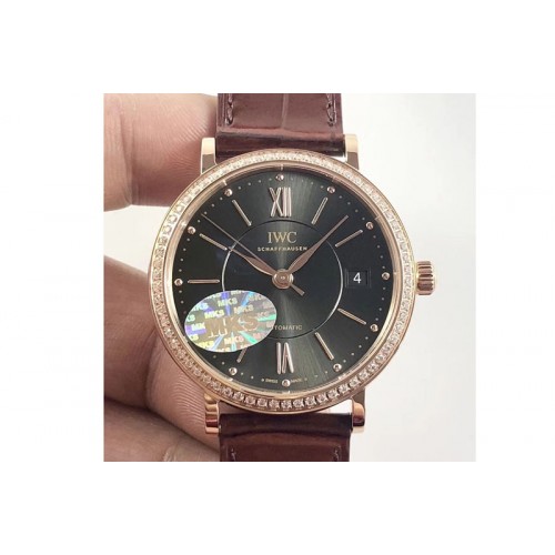 IWC Portofino IW458101 Diamond Bezel RG MK 1:1 Best Edition Green Dial On Dark Brown leather strap MIYOTA 9015