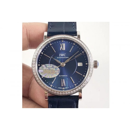IWC Portofino IW458101 Diamond Bezel SS MK 1:1 Best Edition Blue Dial On blue leather strap MIYOTA 9015