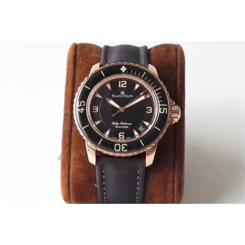 Blancpain Fifty Fathoms RG Black ZF 1:1 Best Edition Black Dial on Sail-canvas Strap A2836 (Free Extra Strap)
