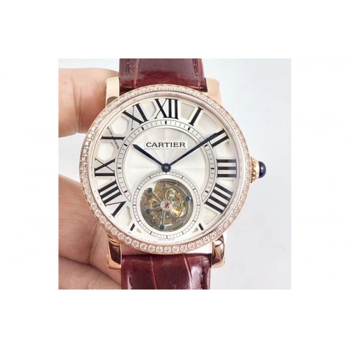 Cartier Rotonde Flying Tourbillon RG BLF Best Edition White Dial Diamonds Bezel on Brown Leather Strap V2 Cartier Rotonde Flying Tourbillon RG BLF Best Edition White Dial Diamonds Bezel on Brown Leather Strap V2