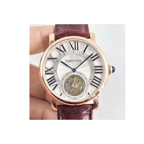 Cartier Rotonde Flying Tourbillon RG BLF Best Edition White Dial on Brown Leather Strap V2