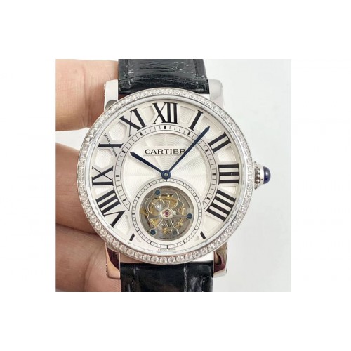 Cartier Rotonde Flying Tourbillon SS BLF Best Edition White Dial Diamonds Bezel on Black Leather Strap V2