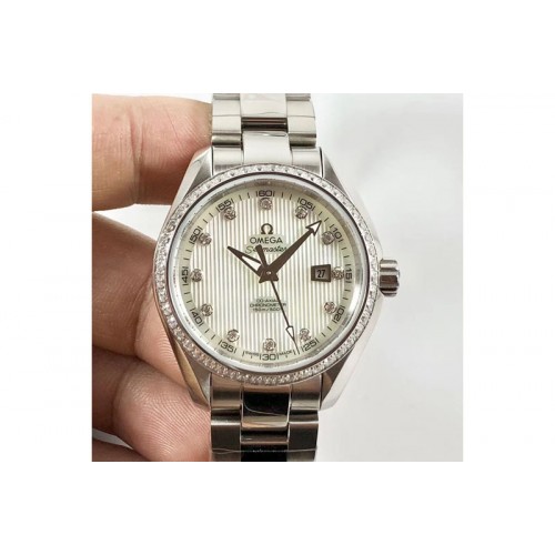 Omega Aqua Terra 150M 34mm Ladies SS 3SF Best Edition White Textured MOP Dial Diamonds Bezel on SS Bracelet A8520