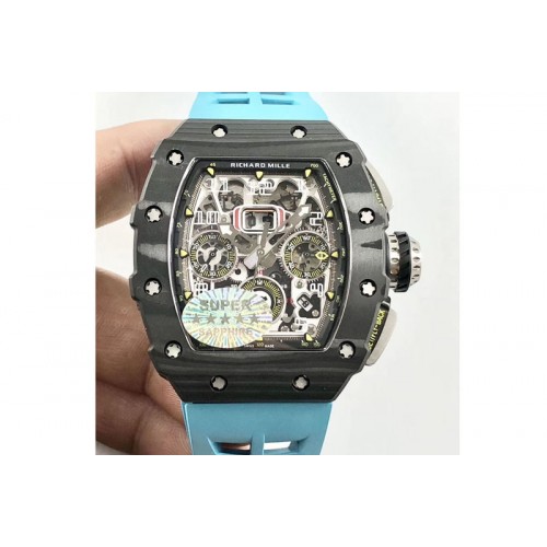 Richard Mille RM011 Carbon Case Chrono KVF 1:1 Best Edition Crystal Skeleton Yellow Dial on Blue Rubber Strap A7750 Richard Mille RM011 Carbon Case Chrono KVF 1:1 Best Edition Crystal Skeleton Yellow Dial on Blue Rubber Strap A7750