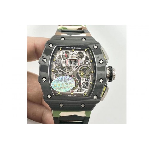 Richard Mille RM011 Carbon Case Chrono KVF 1:1 Best Edition Crystal Skeleton Yellow Dial on Camo Rubber Strap A7750 Richard Mille RM011 Carbon Case Chrono KVF 1:1 Best Edition Crystal Skeleton Yellow Dial on Camo Rubber Strap A7750