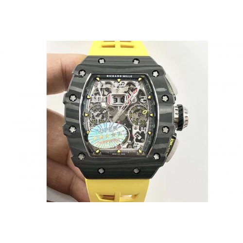Richard Mille RM011 Carbon Case Chrono KVF 1:1 Best Edition Crystal Skeleton Yellow Dial on Yellow Rubber Strap A7750