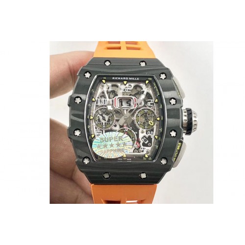 Richard Mille RM011 Carbon Case Chrono KVF 1:1 Best Edition Crystal Skeleton Yellow Dial on Orange Rubber Strap A7750