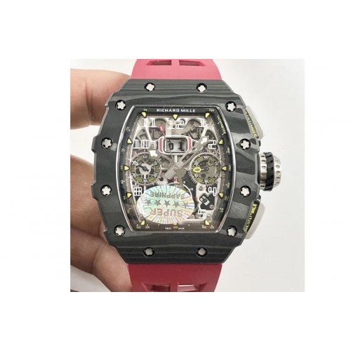 Richard Mille RM011 Carbon Case Chrono KVF 1:1 Best Edition Crystal Skeleton Yellow Dial on Red Rubber Strap A7750