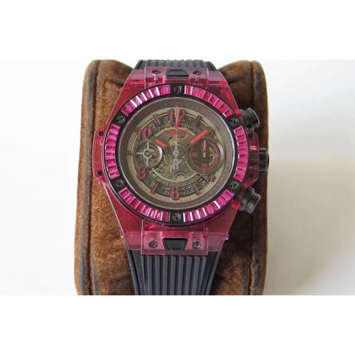 Hublot Big Bang Unico Black Magic Sapphire 45mm Diamonds Bezel OXF Best Edition Skeleton Dial on Black Rubber Strap A1242