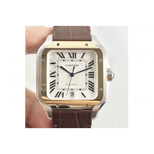 Santos de Cartier 40mm 2018 SS/RG V6F 1:1 Best Edition White Dial on Black Leather Strap MIYOTA 9015