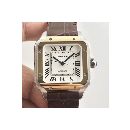 Santos de Cartier 35mm 2018 SS/RG V6F 1:1 Best Edition White Dial on Brown Leather Strap MIYOTA 9015