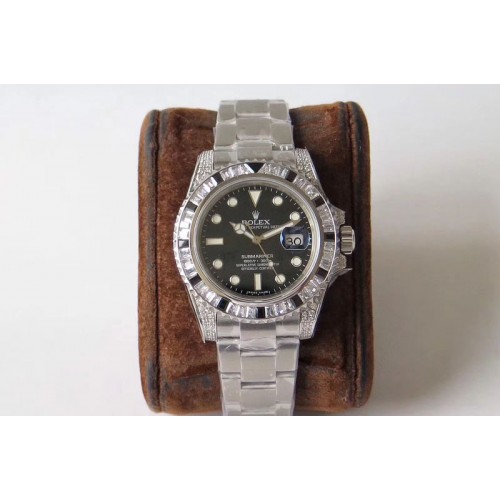 Rolex Submariner Black Diamond Bezel SS GSF Best Edition Black Dial On SS Bracelet A2824