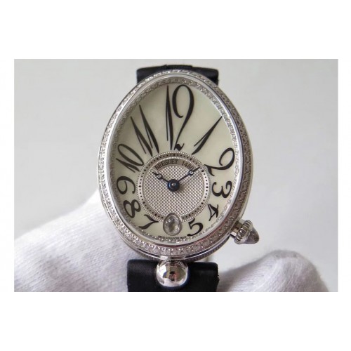 Breguet Reine de Naples 8918BB SS ZF 1:1 Best Edition White MOP Dial Diamonds Bezel on Black Fabric Strap A537