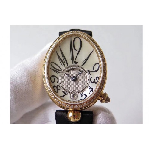 Breguet Reine de Naples 8918BB YG ZF 1:1 Best Edition White MOP Dial Diamonds Bezel on Black Fabric Strap A537