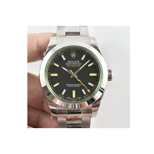 Rolex Milgauss 116400 904L SS DJF 1:1 Best Edition Black Dial on 904L SS Bracelet A2836 (Real Green Sapphire Crystal)