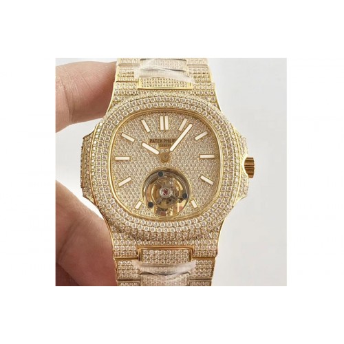 Patek Philippe Nautilus Jumbo 5711 Tourbillon YG Full Paved Diamonds White Dial And Bracelet