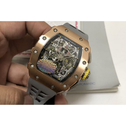 18K Gold Wrapped Richard Mille RM011 RG Chronograph Titanium KVF 1:1 Best Edition Crystal Skeleton Dial on Black Rubber Strap A7