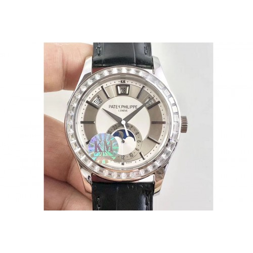 Patek Philippe Complications Series Moonphase SS KMF Diamond Bezel White Dial on Black Leather Strap Cal.324