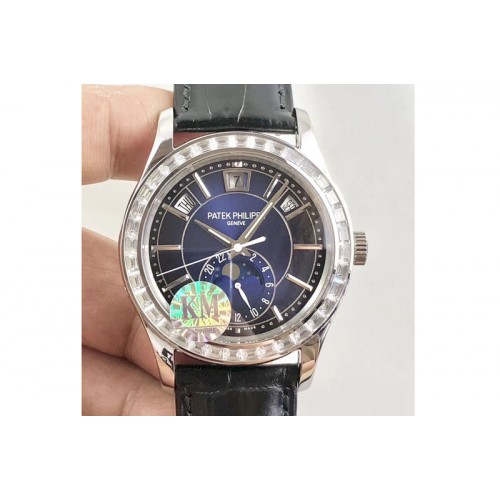 Patek Philippe Complications Series Moonphase SS KMF Diamond Bezel Blue Dial on Black Leather Strap Cal.324