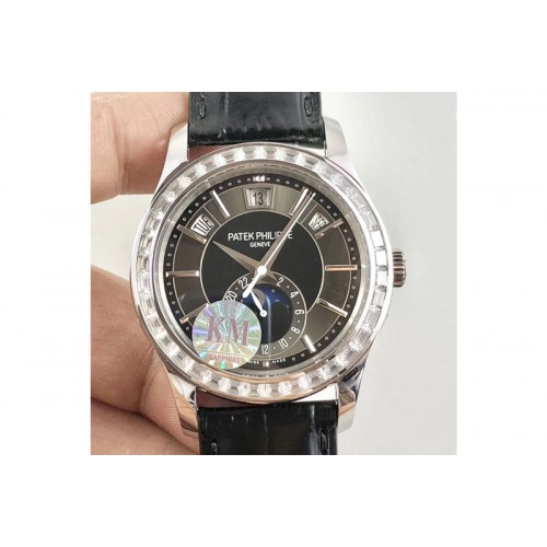 Patek Philippe Complications Series Moonphase SS KMF Diamond Bezel Gray Dial on Black Leather Strap Cal.324