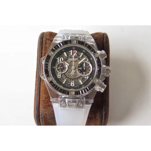 Hublot Big Bang Unico Magic Sapphire 45mm OXF Best Edition Skeleton Dial Black Crystal Bezel on Transparent Rubber Strap A1242