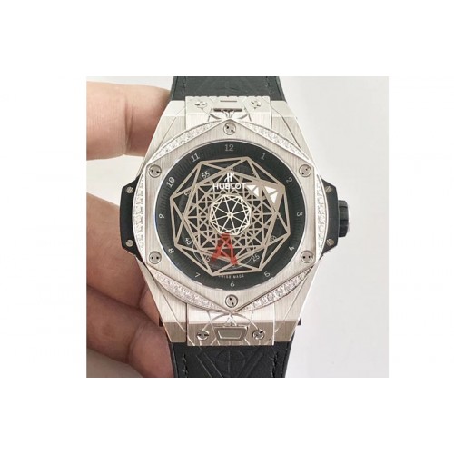 Hublot Big Bang Unico Sang Bleu SS Diamond Bezel HBF Skeleton Dial on Black Gummy Strap HUB1213
