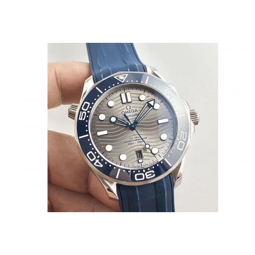 Omega 2018 Seamaster Diver 300M OMF Best Edition Blue Ceramic Gray Dial on Blue Rubber Strap A8800 (Black Balance Wheel)