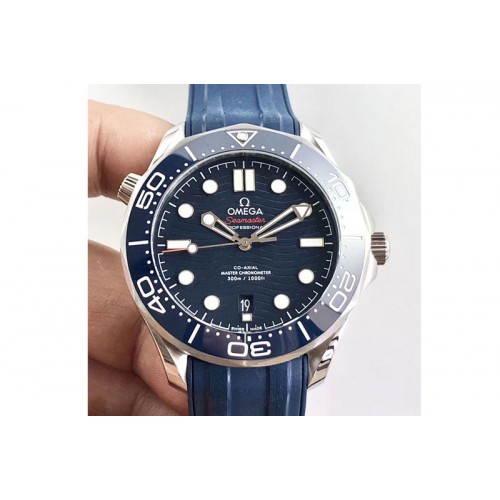 Omega 2018 Seamaster Diver 300M OMF Best Edition Blue Ceramic Blue Dial on Blue Rubber Strap A8800 (Black Balance Wheel)