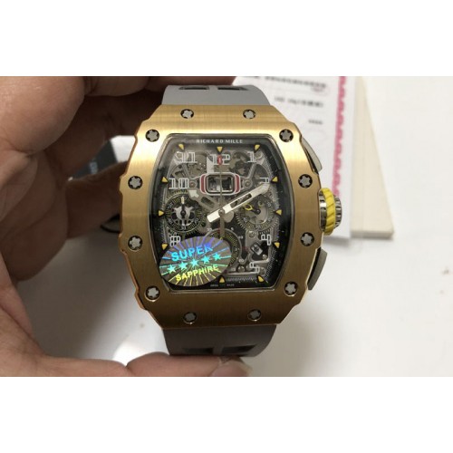18K Yellow Gold Wrapped Richard Mille RM011 RG Chronograph Titanium KVF Crystal Skeleton Dial on Rubber Strap A7750