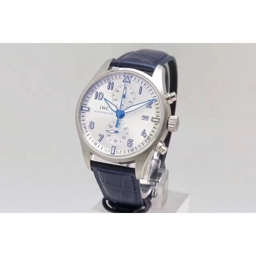 IWC Pilot Chrono SS IW387809 ZF 1:1 Best Edition Silver Dial Blue Numbers on Blue Leather Strap A7750