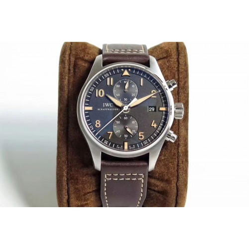 IWC Pilot Chrono SS IW387808 1:1 Best Edition Black Dial on Brown Leather Strap A7750