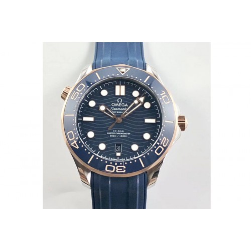 Omega 2018 Seamaster Diver 300M OMF Best Edition SS/RG Blue Ceramic Black Dial on Blue Rubber Strap A8800 (Black Balance Wheel)