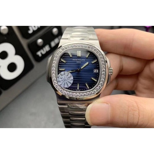 Patek Philippe Nautilus Jumbo 5711 PF 1:1 Best Edition Blue Textured Dial Diamonds Bezel on SS Bracelet A324 Clone
