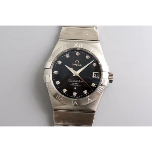 Omega Constellation 38mm SS VSF 1:1 Best Edition Black Dial Diamonds Markers on SS Bracelet A8500 Super Clone