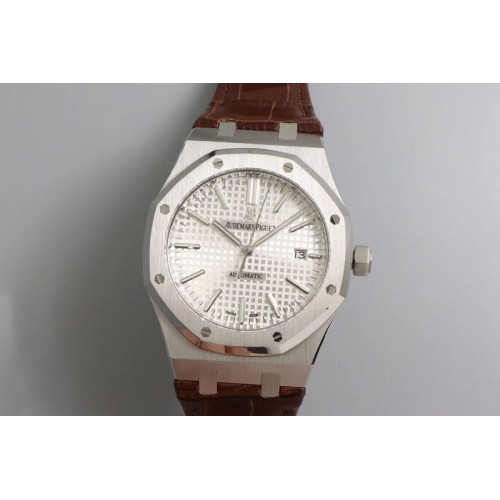 Audemars Piguet Royal Oak 41mm 15400 SS OMF 1:1 Best Edition White Textured Dial on Brown Leather Strap A3120