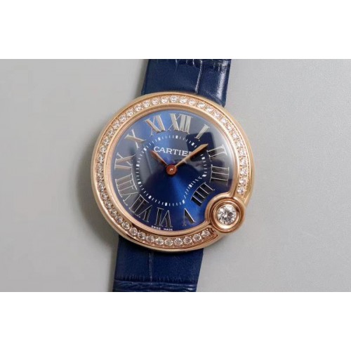 Ballon Bleu de Cartier 30mm 1:1 Best Edtion  Diamond Bezel RG/LE Blue Dial Blue Leather strap Swiss Quartz