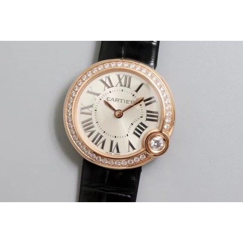 Ballon Bleu de Cartier 30mm 1:1 Best Edtion  Diamond Bezel RG/LE White Dial Black Leather strap Swiss Quartz