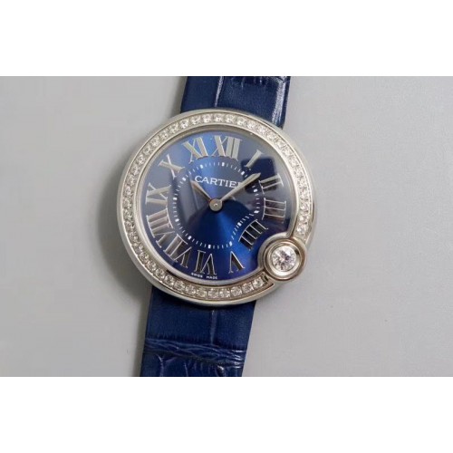 Ballon Bleu de Cartier 30mm 1:1 Best Edtion SS/LE Diamond Bezel Blue Dial Blue Leather strap Swiss Quartz