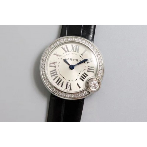 Ballon Bleu de Cartier 30mm 1:1 Best Edtion  Diamond Bezel SS/LE White Dial Black Leather strap Swiss Quartz