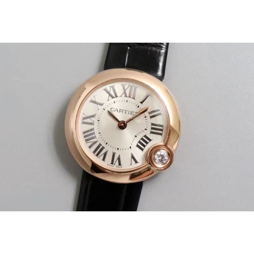 Ballon Bleu de Cartier 30mm 1:1 Best Edtion RG/LE White Dial Black Leather strap Swiss Quartz