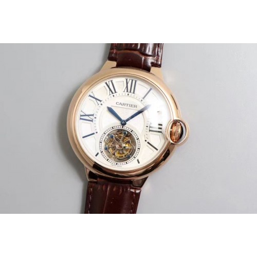 Cartier Ballon Bleu 42mm Tourbillon BL Best Edtion Rose Gold White Dial Brown Leather Strap