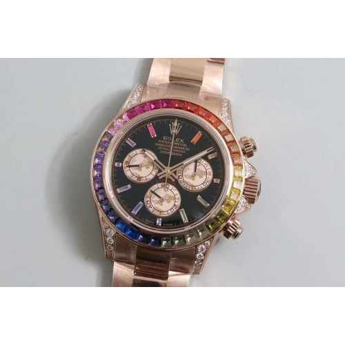 Rolex Daytona 116589 RBOW RG Rainbow Crystal JHF Best Edition Black Dial on YG Bracelet A4130 Rolex Daytona 116589 RBOW RG Rainbow Crystal JHF Best Edition Black Dial on YG Bracelet A4130