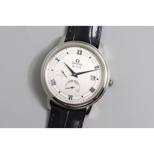 Omega De Ville Prestige Real PR SS ZF 1:1 Best Edition White Dial Blue Markers on Black Leather Strap MIYOTA 9015